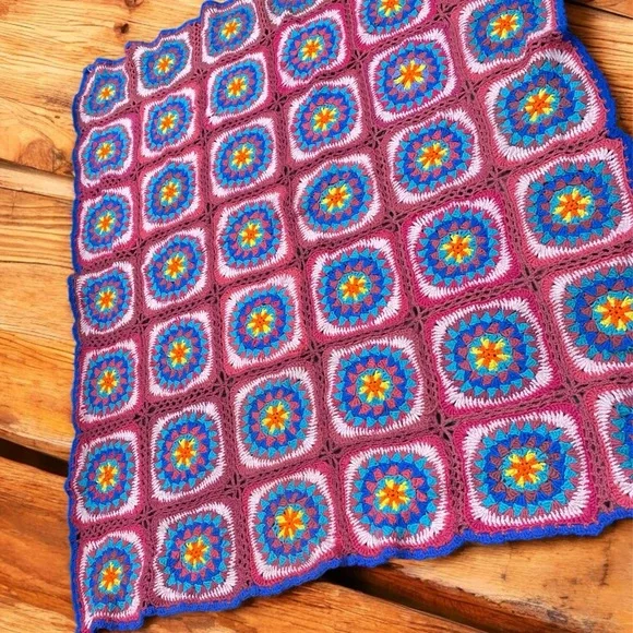 Truly VINTAGE crochet throw blanket colorful pink blue yellow 53 x 64 - Picture 6 of 14